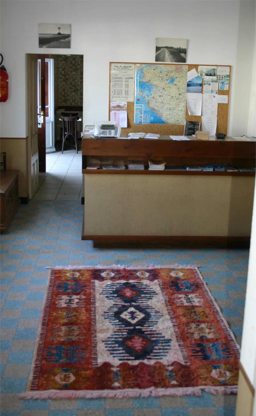 L'accueil de l'hôtel : comptoir de réception et tapis